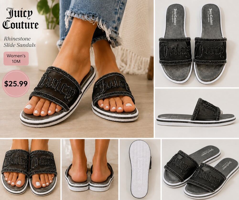 Juicy Couture Women's Black Glitter Logo Slip On Slide Sandals Size 10
